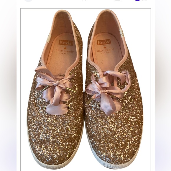 Keds X Kate Spade Glitter Sneakers Pink Rose Gold with Satin laces Size 8.5 - Picture 1 of 7